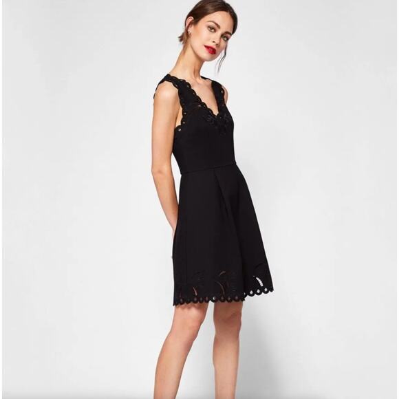 TED BAKER Emalise Dress Eyelet Lace Cut Out Black Fit and Flare {3O4} - Picture 1 of 5